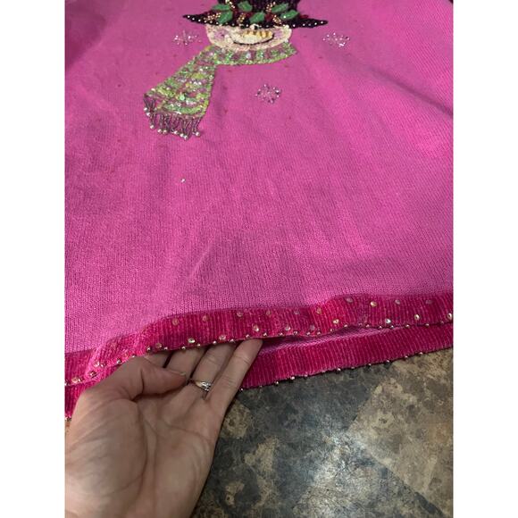 Quacker Factory pink V-neck Christmas sweater beaded and sequined snowman - Picture 8 of 10